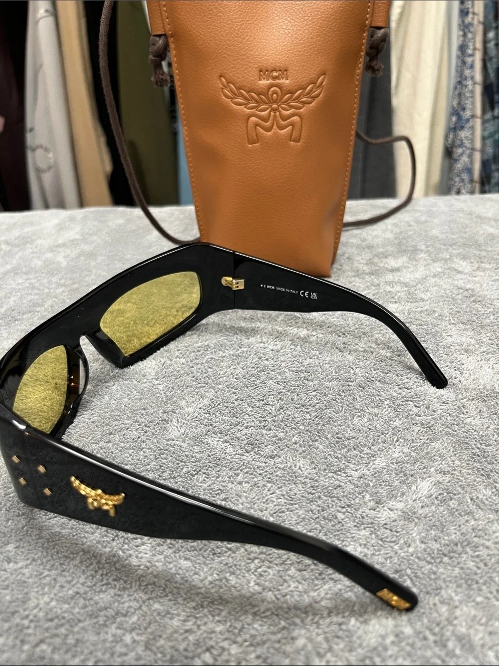 MCM Black Shield Sunglasses with Brown Embossed Leather Case and Yellow Lenses